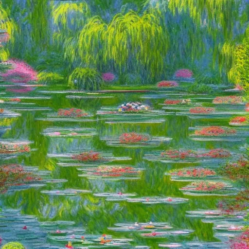 Prompt: Japanese  water garden in Spring in the style  of Claude Monet