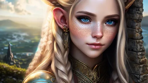 Prompt: Realistic, High Resolution, Elf, Cleric, light Blonde Hair, Green Eyes, Female, Light Tan, Full-body, Long Hair, Braids In Hair, Light Freckles On Cheeks, Natural Makeup, Medium Armor, Leather Armor,  revealing armor, Elven City in the Background, she has Divine Magic, Beautiful Face, masterpiece, best quality, super detailed, high resolution, very detailed, 8k uhd, realistic, natural light, amazing, fine detail, best, high quality, fine tuned, Hair jewelry, Angelic magice, has angel wings, Flowers in hair, weapon, full body, celestial, Divine, holy, silver in hair, gold in hair, sacred magic, sacred city, Elven race, Elven city, Whole body, Lifelike, Real, magic.