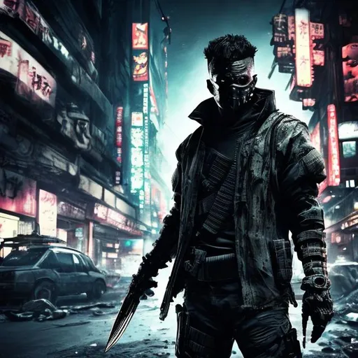 Prompt: Original villain. Future military armour. Black and neon. Slow exposure. Detailed. Male masked. Blade in hand. Dirty. Dark and gritty. Post-apocalyptic Neo Tokyo. Futuristic. Shadows. Sinister. Evil