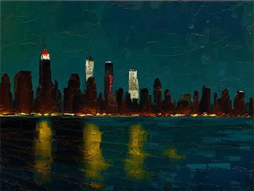 Prompt: Thick oil impasto York Skyline from 42nd Street Pier, thick oil impasto