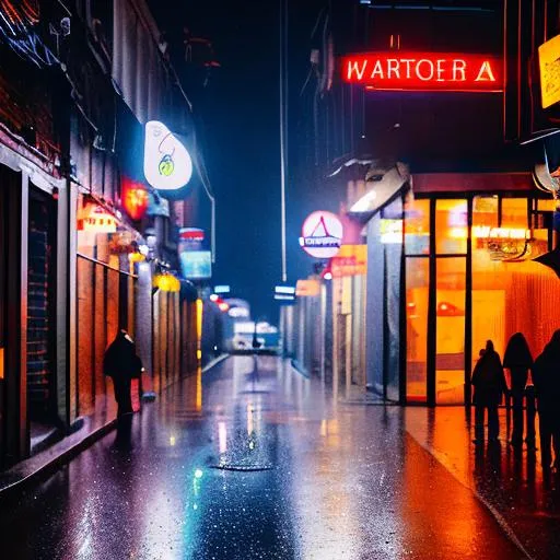 Prompt: A photo of a rainy alley at nighttime, lit up by a few neon signs and a cafe on the left side, with a couple pedestrians walking past each other, photorealistic, dark, front, 