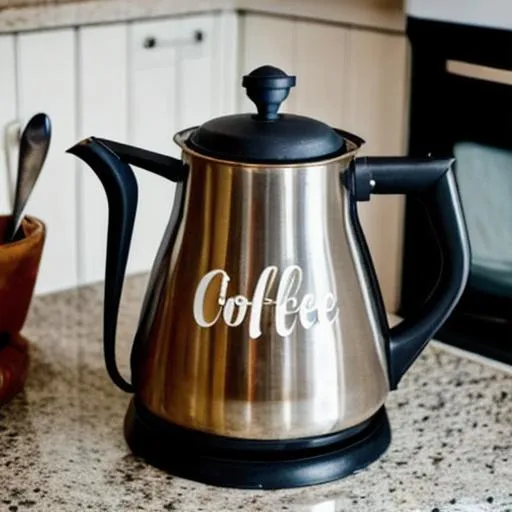 Prompt: a vintage coffee pot sitting on a stove with the words "over coffee" painted on it