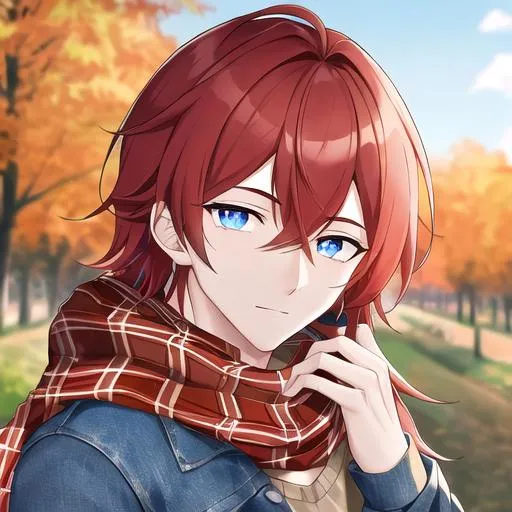 Prompt: Zerif 1male (Red side-swept hair covering his right eye, blue eyes), highly detailed face, wearing a cozy flannel shirt and a pair of stylish jeans. In the park, fall.  wearing a scarf, looking up at the sky, in a pumpkin patch, adult. Handsome,  detailed, UHD, HD, 4K, highly detailed, red haze, masculine, anime style