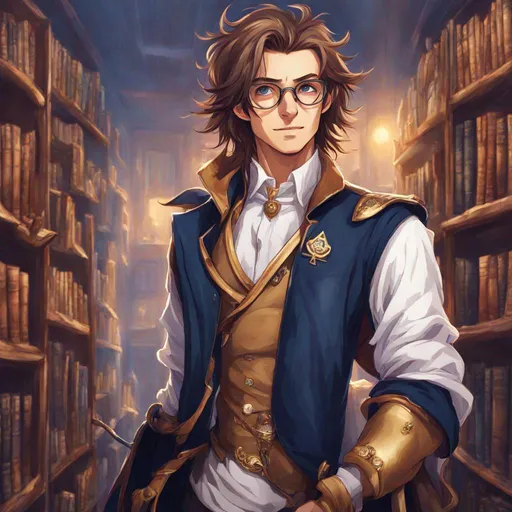 Prompt: Third person, gameplay, high quality, full body, feminine man, shoulder length wavy brown hair with blue streaks, tanned white skin, bright brown eyes, smile, glasses, turqoise and gold, ((magical laboratory)) with bookshelves and a large window with an ocean view in the background, cool atmosphere, manga style, extremely detailed print by Hayao Miyazaki, Studio Ghibli,