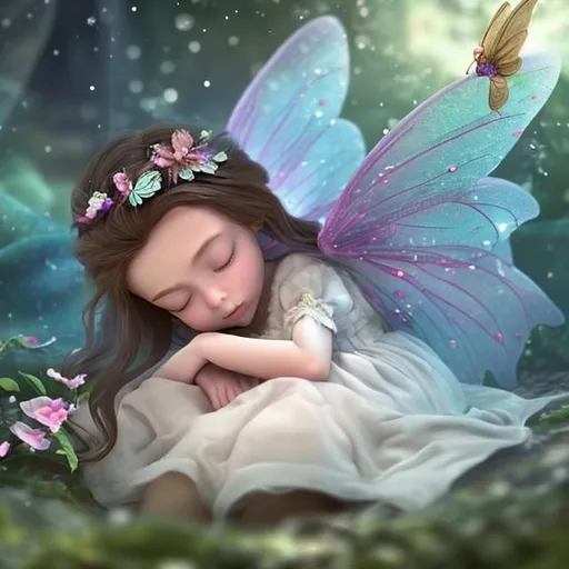 Prompt: the little girl who was sleeping on her suddenly  eyes fluttered open, her heart racing with excitement. The fairy's presence was enchanting, like a secret revealed. she was shocked after seeing the tiny fairy in her rrom
  
