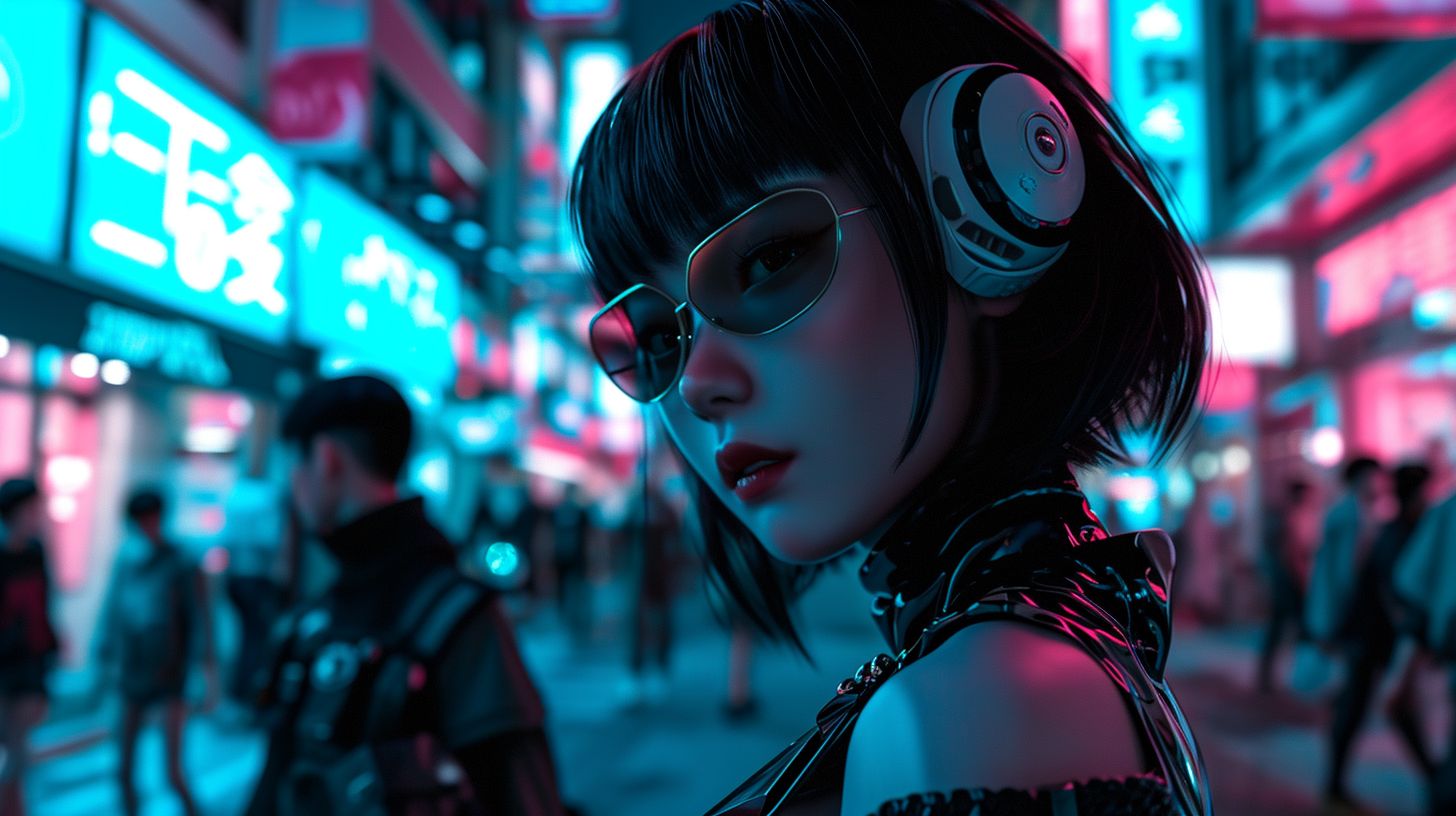 Prompt: 8k resolution wide image set in a colorful futurist cyberpunk manga world. An artificial girl in a black and white ensemble is accentuated by neon hues, predominantly light blue and crimson. In the background, robotics kids with distinctive facial exaggerations bring life to the narrative.