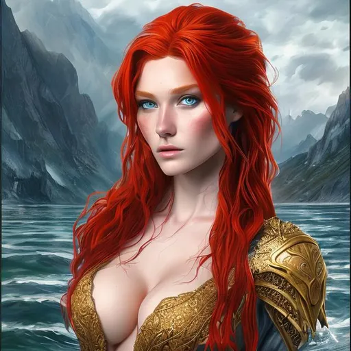Prompt: Lady of the lake with red hair and great chest. hiperrealist and ultradetailed hd