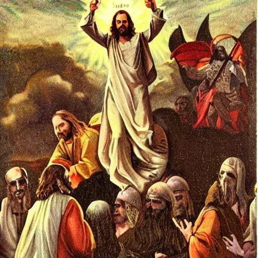 Prompt: Jesus Christ as depicted in the book of  revaltion coming out of heaven gathering his chosen to ride against the enemy Satan 