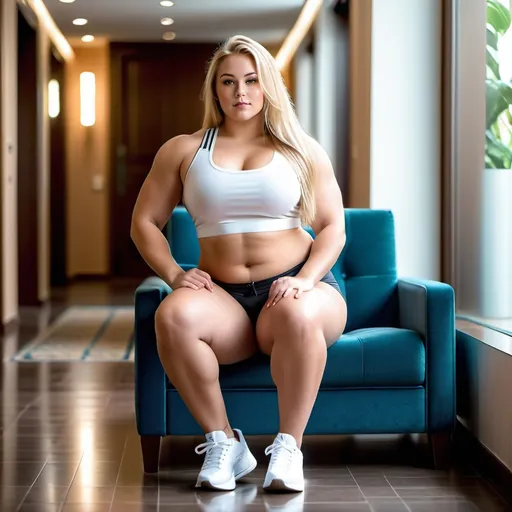 Prompt: Huge tall muscular young overweight woman,long blonde hair, intricate face, perfect hands, high detail, standing in a foyer, fill light, muscular giantess, sitting on mini sofa, low ceiling, caucasian, 18 years old, tight tank top, shorts, white sneakers, best quality, high detail, realistic, indoor lighting, thick tights, narrow waist,