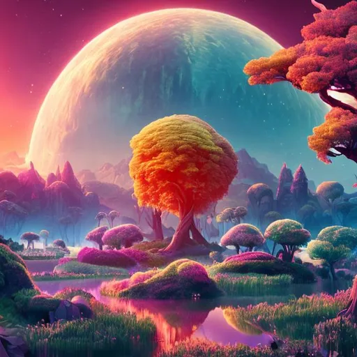 Prompt: beautiful fantasy natural landscape with impossible trees, multicolored plants and glowing wildlife animals at twilight 