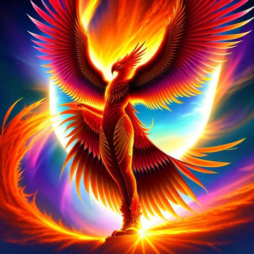 Prompt: full color fractal Formula: z² + c + (z² + c) / (3z³ + c)  background sky, Phoenix holding the sun so bright in its claws highly-detailed, elegant, dramatic lighting, lifelike, photorealistic full body.