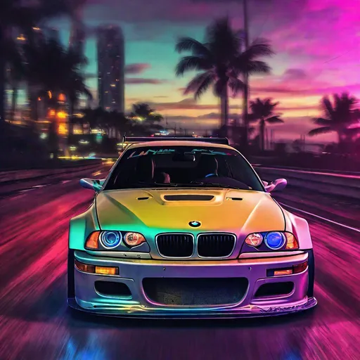 Prompt: 2001 BMW M3 E46 GTR, synthwave, aesthetic cyberpunk, miami, highway, dusk, neon lights, coastal highway, dusk, neon lights, coastal highway, sunset, drift, nurburgring, water on the road, blade runner, 64k, watercolor, macro sharp focus, 8, hyper realistic, cinematic, highly detailed, photoraelistic, clean, formula drift, burnout, simetric