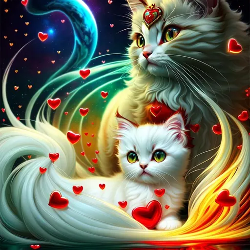 Prompt: cotton surreal puffy liquid red gold silver jade (Beautiful {Fluffy!!! Persian}kitten plasma, Beautiful big {heart-shaped}reflective eyes, long flowing hair), hyper realistic, expansive psychedelic background, hyper realistic, 8K --s99500