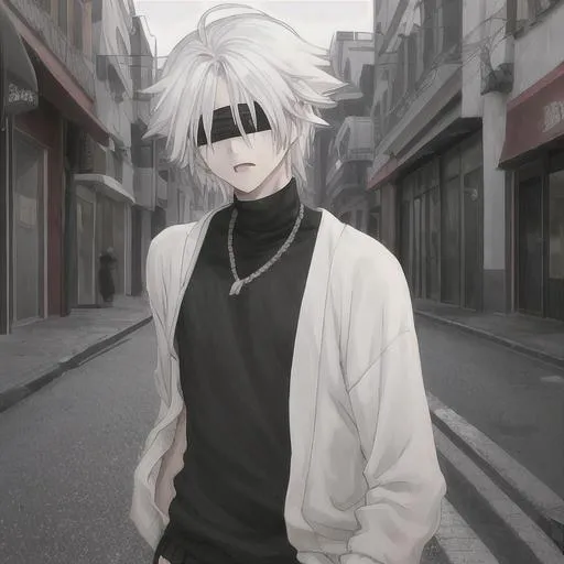 A white haired young anime boy, blindfolded, grey ci