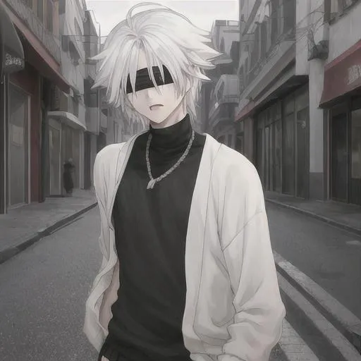 A white haired young anime boy, blindfolded, street