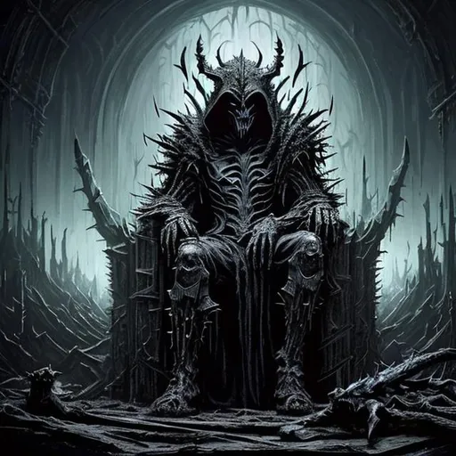 Prompt: A masterfully detailed portrait capturing the essence of a sinister entity, clad in ebon, spiky armor, reclining upon a throne hewn from the remains of long-forgotten bones. The color palette evokes a sense of darkness and intrigue, while the setting exudes an aura of malevolence within an unhallowed chamber. This composition, executed in the style of a realistic oil painting, meticulously distinguishes the malevolent figure from the intricate throne, resulting in a visually captivating and eerily atmospheric masterpiece.