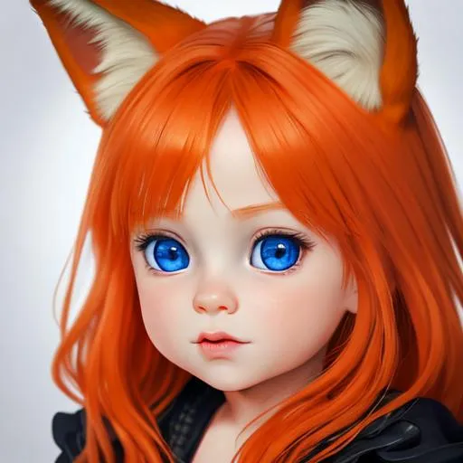 Prompt: full body, child, beautiful, blue eyes, child 5 years old, orange hair, fox ears, full lips, 4K, 16K, highly realistic, extremely detailed, photo realistic, photo quality