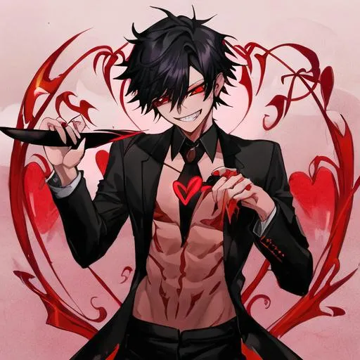 Prompt: Damien (male, short black hair, red eyes), demon form, grinning seductively, holding a knife, hearts around him
