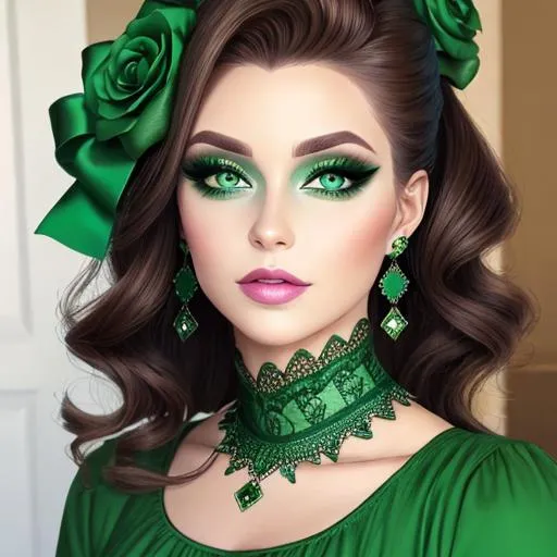 Prompt: A woman all in green, green eyes, pretty makeup