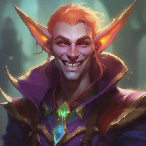 Prompt: d&d eladrin arcane trickster, mad toothy grin, heroic, brightly glowing eyes, badass, magic AF, colorful, chaotic, dangerous, hi res, lucky, masc, gorgeous, long elf ears, unhinged, creepy