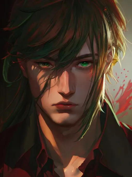 Prompt: illustration art, front, modern fashion, epic Instagram, artstation, hyperdetailed, unreal engine, modern anime anime style, complementary colors, 8k, deviantart masterpiece, oil painting, heavy strokes, young man, red long hair, green pearl eyes, crossing his arms, collared shirt, tight sleeve shirt