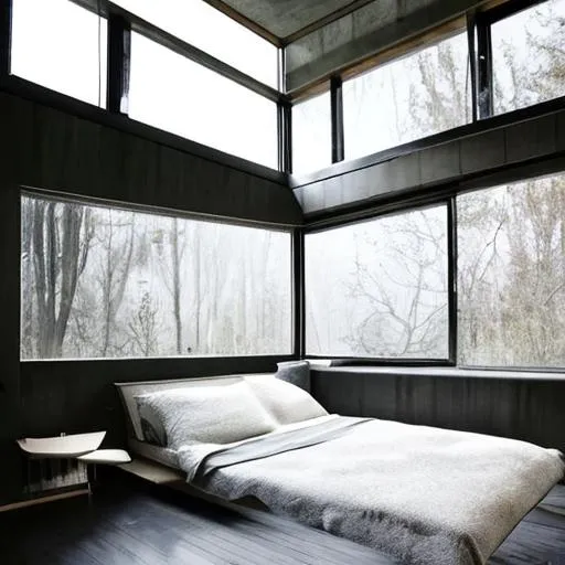 Prompt: brutalist architecture bedroom. with lots of natural light