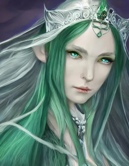 Prompt: A Tolkien-inspired beautiful and regal elf woman with long silver hair. A silver crown is on her head and she wears an emerald gown. Character concept art. Light green eyes. Large waves of a sea under the sun in the background. Symmetrical facial features, accurate anatomy, sharp focus, realistic lighting, character concept art styled, sharp colors, smooth, HDR, 8K, Lord of the Rings, Tolkien, fantasy, D&D, masterpiece