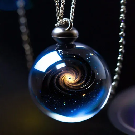 Prompt: "fine detail sharp focus miniature spiral galaxy in space contained within transparent glass sphere pendant jewelry from movie "Men In Black""