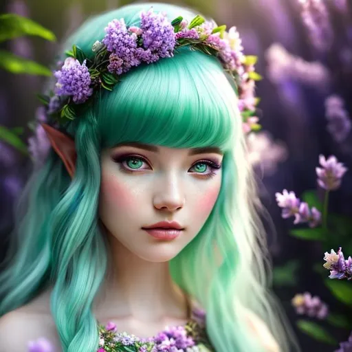 Prompt: girl, portrait, watercolor masterpiece,

realistic illustration of Female fantasy elf druid, in a vintage lavender and light mint green dress, green flowers in her purple hair, in a forest by the moonlight, symmetrical,

hyper realistic masterpiece, highly contrast water color pastel mix, sharp focus, digital painting, pastel mix art, digital art, clean art, professional, contrast color, contrast, colorful, rich deep color, studio lighting, dynamic light, deliberate, concept art, highly contrast light, strong back light, hyper detailed, super detailed, render, CGI winning award, hyper realistic, ultra realistic, UHD, HDR, 64K, RPG, inspired by wlop, UHD render, HDR render