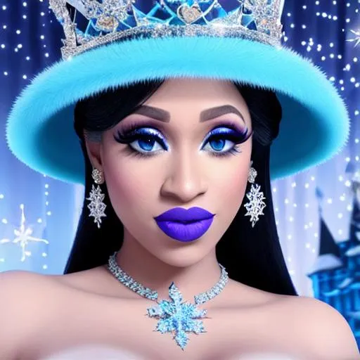 Prompt: Ice Queen Cardi B, Elsa eating blue ice cream in winter palace, blue lipstick, city skyline, windy and snowing, blue heart necklaces, Large frozen Ball Gown, pleasant face, blue eyes, Black-purple eyeshadow, Sugar Hat, extremely large ice earrings. Cold color scheme, ultradetailed, 8k resolution, perfect, smooth, high quality, shiny. 