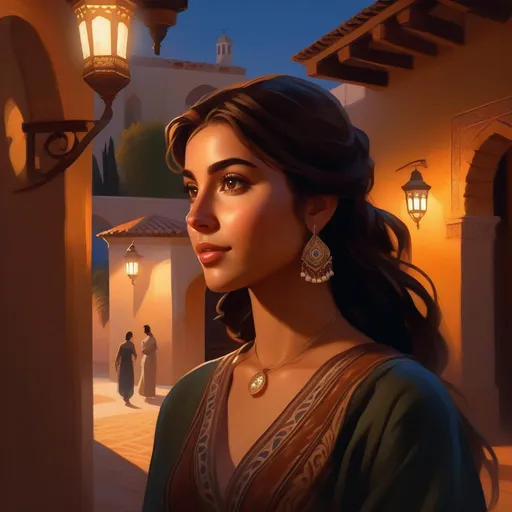 Prompt: Third person, gameplay, Andalusian girl, olive skin, brown hair, brown eyes, 2020s, Alhambra at night, warm atmosphere, cartoony style, extremely detailed painting by Greg Rutkowski and by Henry Justice Ford and by Steve Henderson 