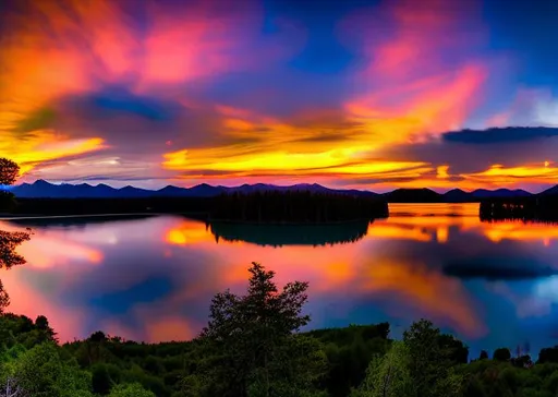 Prompt: long shot scenic professional photograph of a sunset lake, perfect viewpoint, highly detailed, wide-angle lens, hyper realistic, with dramatic sky, polarizing filter, natural lighting, vivid colors, everything in sharp focus, HDR, UHD, 64K