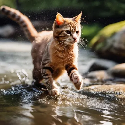 Prompt: A cat playing and running in a river with a kit