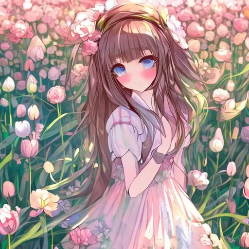 a girl in a flower field anime art style