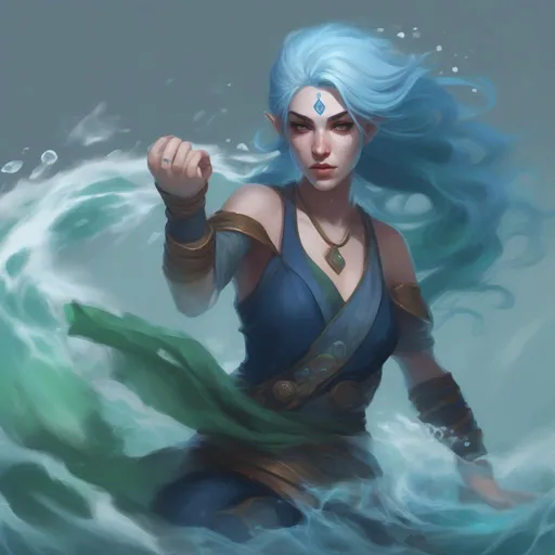 Prompt: dnd a female genasi with pale blue skin and dark blue and green hair flowing water