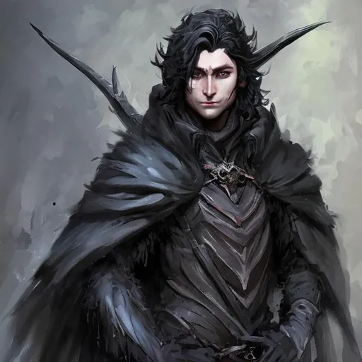 Prompt: painting fantasy dark haired human hunter with a black fur cloak