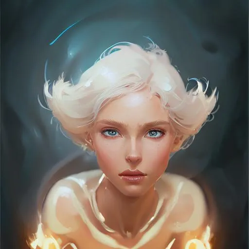 Prompt: Light element goddess,  very young, very dark skin, flowing pale yellow hair, flowing dress, perfect features, extremely detailed, realistic. Krenz Cushart + loish +gaston bussiere +craig mullins, j. c. leyendecker +Artgerm, oil painting texture oil painting effect Krenz Cushart + loish +gaston bussiere +craig mullins, j. c. leyendecker +Artgerm, oil painting texture. 