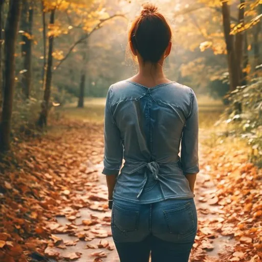 Prompt: Woman with her back turned towards you walking down a path