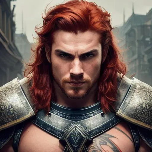 Prompt: hyperrealistic angry male, with fit figure, muscular, with tribal tattoos | fully clothed, natural red hair, Irish | small imperfections on the face, 20 years old | sultry smile | plate armor, sharp focus, ultra-fine details, cinematic lighting, 4k | wlop, artgerm, vastly ornate detailed background, vibrant colors, Frank Frazetta, low angle shot