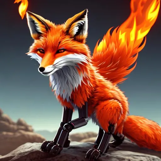 Prompt: robo fox with fire in the background