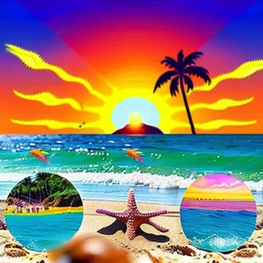 Prompt: A beach and a sunset from the view of someone affected by mescaline and DMT. The beach is seen from the land and the sun is much closer than we might see it in real life. The colors are vibrant and we can see many different animals flying, swimming and walking. There are people laughing and playing, we can see their faces but they are all a little off.