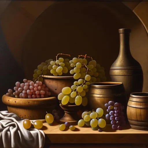 Prompt: still life with grapes near wooden barrels in front of a stone wall, detailed oil on canvas, 8K
