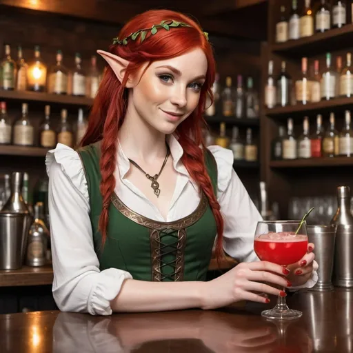 Prompt: A beautiful elven bartender with red hair serving drinks