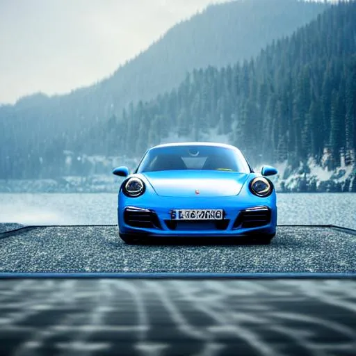 Prompt: photo porsche 911 in blue standing in dock, centred mist volumetric, cinimatic ligthing, octane render, 4k, in front of lake tahoe