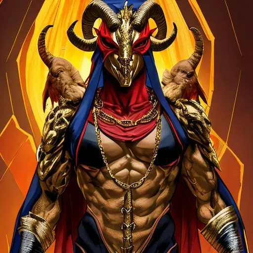 Prompt: Goat-mask d-mask devil-mask inspired adult male superhero putrid body and golden intrinsically made chains around his neck, slim legs and bird like feet