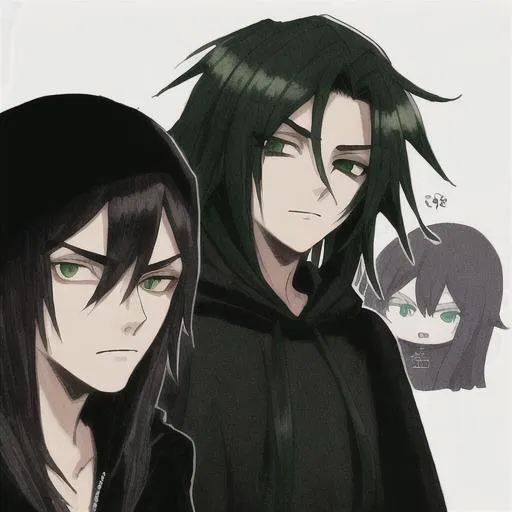 Prompt: draw a 30 year old, in a black hoodie, with long dark brown hair, and green eyes, gothic punk themed, in anime style, in a haunted house, ghost, apparition, yokai, male