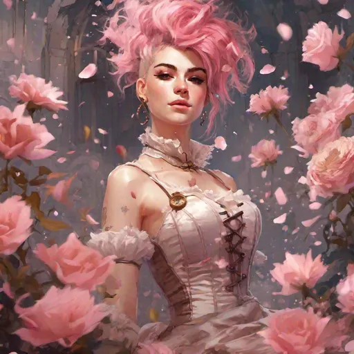 Prompt: A beautiful slim young woman with a soft messy pink mohawk, wearing a steampunk wedding dress, suggestive pose, surrounded by flowers and falling petals, innocent pose, blushing, high-res, best quality, concept art