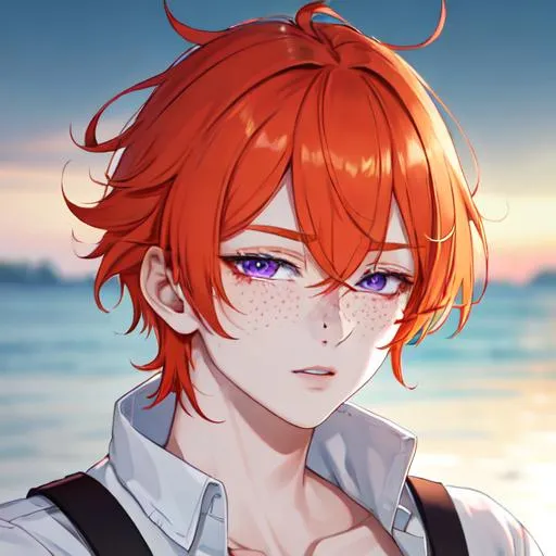 Prompt: Erikku male (short ginger hair, freckles, right eye blue left eye purple) UHD, 8K, Highly detailed, insane detail, best quality, high quality, casual outfit