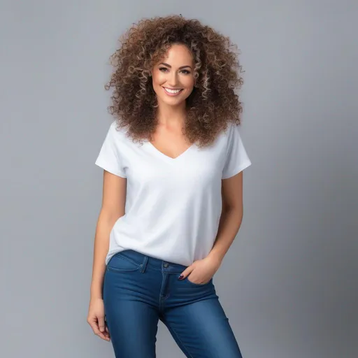 Prompt: An attractive 35 year old woman with very curly hair, elegant, large eyes, modern, stylish makeup, full body view, white tshirt and blue jeans, happy, smiling, (erotic), posing, studio background