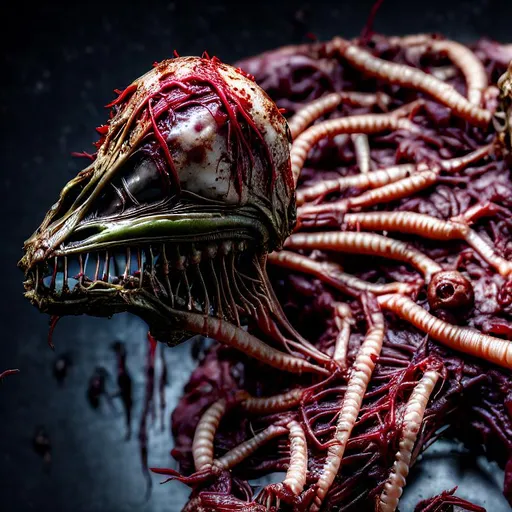 Prompt: Dissected alien body, rotting, maggots, gruesome., 4k, photo